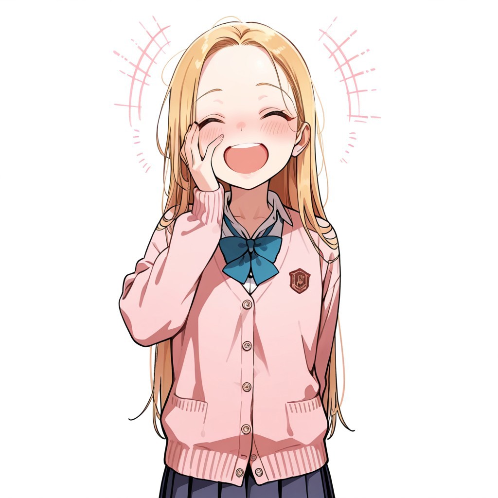 Score_9, Score_8_up, Score_7_up, Score_6_up, Score_5_up, Score_4_up, (masterpiece, best quality:1.2), soft_lighting, soft_skin_tone, 
BREAK
1girl, sashachan, blonde hair, long hair, cardigan, school uniform, pleated skirt, one hand point towards viewer, open mouth laugh,  closed eyes, laughing,
BREAK 
white background, simple background
