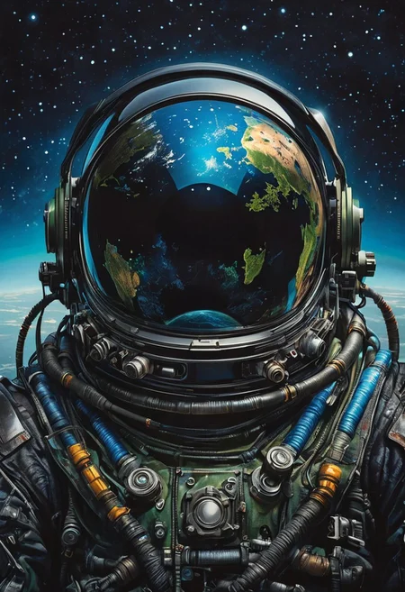 Symmetrical image featuring a sleek black astronaut helmet at the center. The helmet should reflect a vibrant view of planet Earth, showcasing its blue oceans and green continents. The background should be a deep, starry black, enhancing the contrast and making the helmet and Earth reflection stand out. The overall composition should evoke a sense of wonder and exploration, with a focus on the intricate details of the helmet and the beauty of our planet.
[style of greg rutkowski,janek sedlar,jenny saville:0]  <lora:vivid_everclear:0.35>  <lora:Sinozick:0.35>  <lora:MJ52:0.35>
