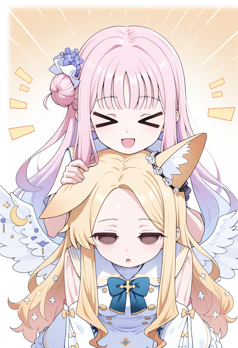 2girls,  mika \(blue archive\), halo, single side bun, pink hair, long hair, feathered wings, xd, upper body,  white dress, looking at viewer, holding another's head, BREAK white dress, sleeves, seia \(blue archive\), open mouth, :o, expressionless, no halo, animal ears, yellow hair, long hair, hole eyes, wrinkled face, standing, bent down, head down, from front
