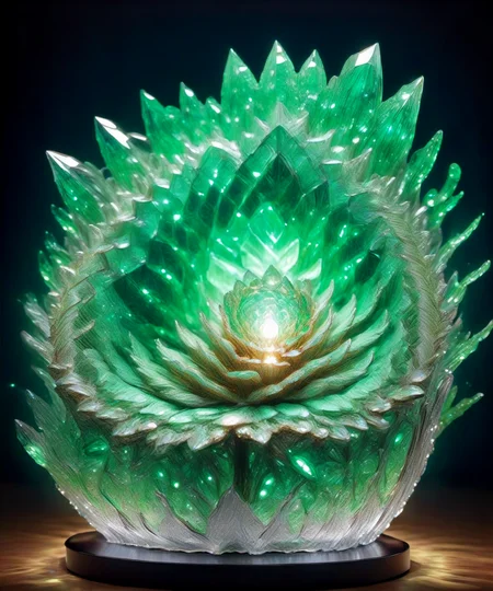 (Masterpiece, Best Quality, realistic, 4k, Highres:1.2), statue transparency crystal,an statue of green elliptical galaxy made entirely of crystal crystal facets, (crystal with facets), shiny, glass, on top of a table