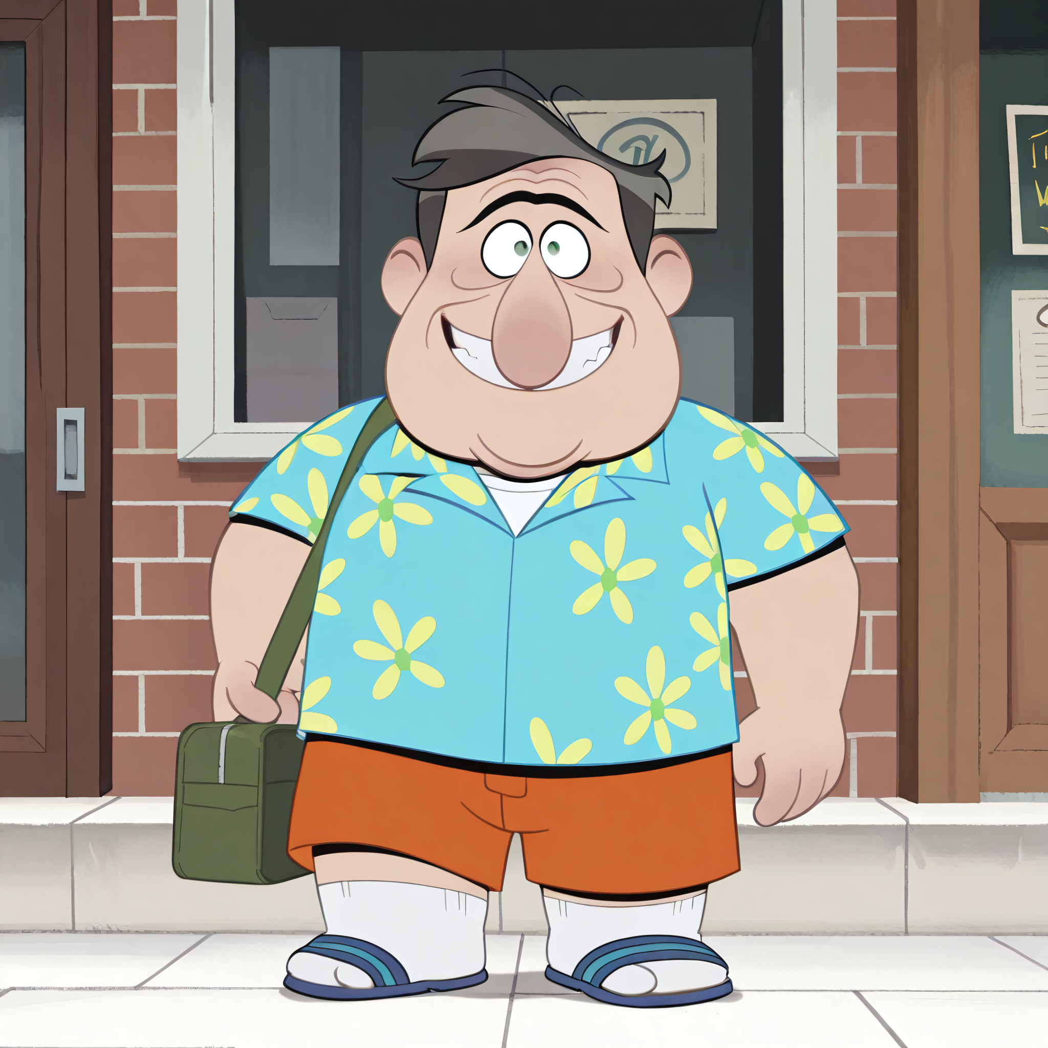 masterpiece, best quality, detailed, solo, todd-m, 1boy, male, mature male, older male, fat man, plump, fat, dark grey hair, big nose, unibrow, age lines, wrinkles, short, green eyes, happy, smile, tropical shirt, vacation wear, orange shorts, socks, sandals, blue sandals, looking at viewer, eye contact, white socks
