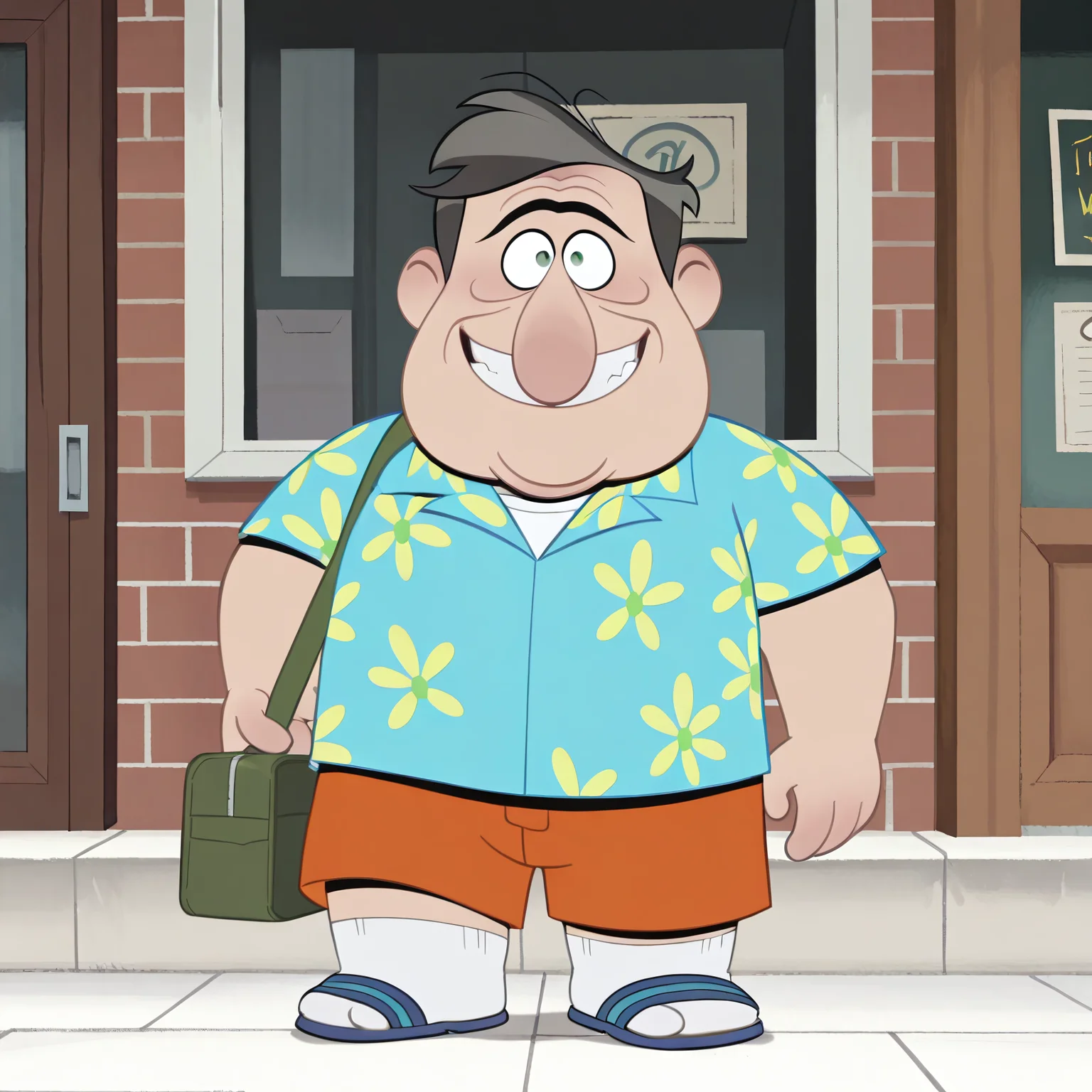 masterpiece, best quality, detailed, solo, todd-m, 1boy, male, mature male, older male, fat man, plump, fat, dark grey hair, big nose, unibrow, age lines, wrinkles, short, green eyes, happy, smile, tropical shirt, vacation wear, orange shorts, socks, sandals, blue sandals, looking at viewer, eye contact, white socks
