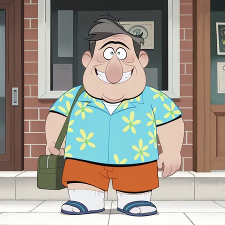masterpiece, best quality, detailed, solo, todd-m, 1boy, male, mature male, older male, fat man, plump, fat, dark grey hair, big nose, unibrow, age lines, wrinkles, short, green eyes, happy, smile, tropical shirt, vacation wear, orange shorts, socks, sandals, blue sandals, looking at viewer, eye contact, white socks
