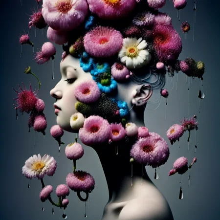 flowerart, 1girl, flower, hair flower, rain, realistic, surreal<lora:flower_art:1>