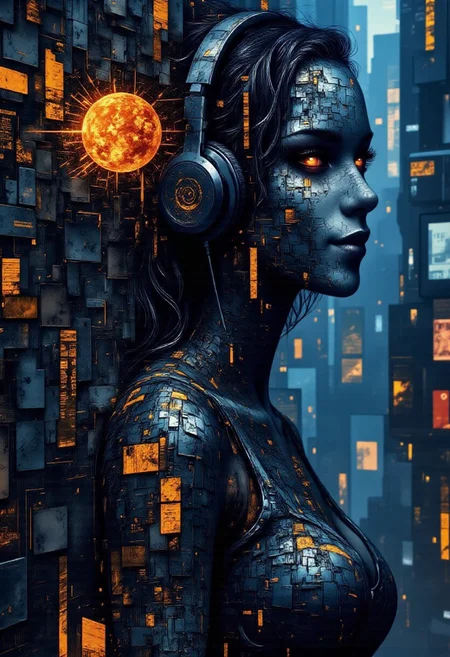 bo-abyss, bo-digitalabstract, in the style of cksc, A picture of a woman happily listening to music with headphones in her room. But her body and clothes slowly transform into digital distortions, glitch patterns and fragmented texts of code. The room and the world around her slowly dissolve into layered textures and abstract geometry shapes glowing with ethereal lighting.