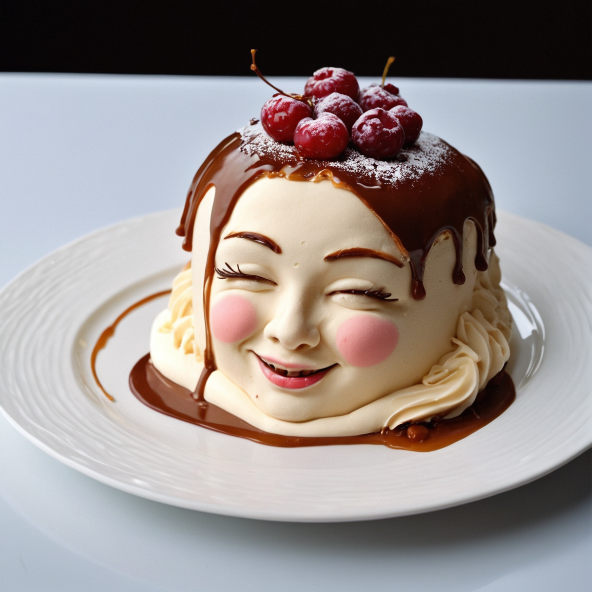 cake female head on pillow smiling, skin made of marzipan, hair made of chocolate, eyes made of caramel, tears from milk cream, on a plate, piece of cake from face cut off, layers of sponge and cream visible, cranberry cream pouring out. gourmet, pastry art, intricate, maximalist, light and shadow, photo by Irwin Penn