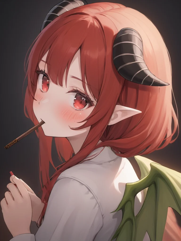 <lora:npc_xl_pocky:1>hold the Pocky,(masterpiece),(highest quality),highres,(an extremely delicate and beautiful),(extremely detailed),
solo, 1girl, red hair, red eyes, horns,blush,looking at viewer,
BREAK
From her back sprout dragon wings, unfurled yet at peace,