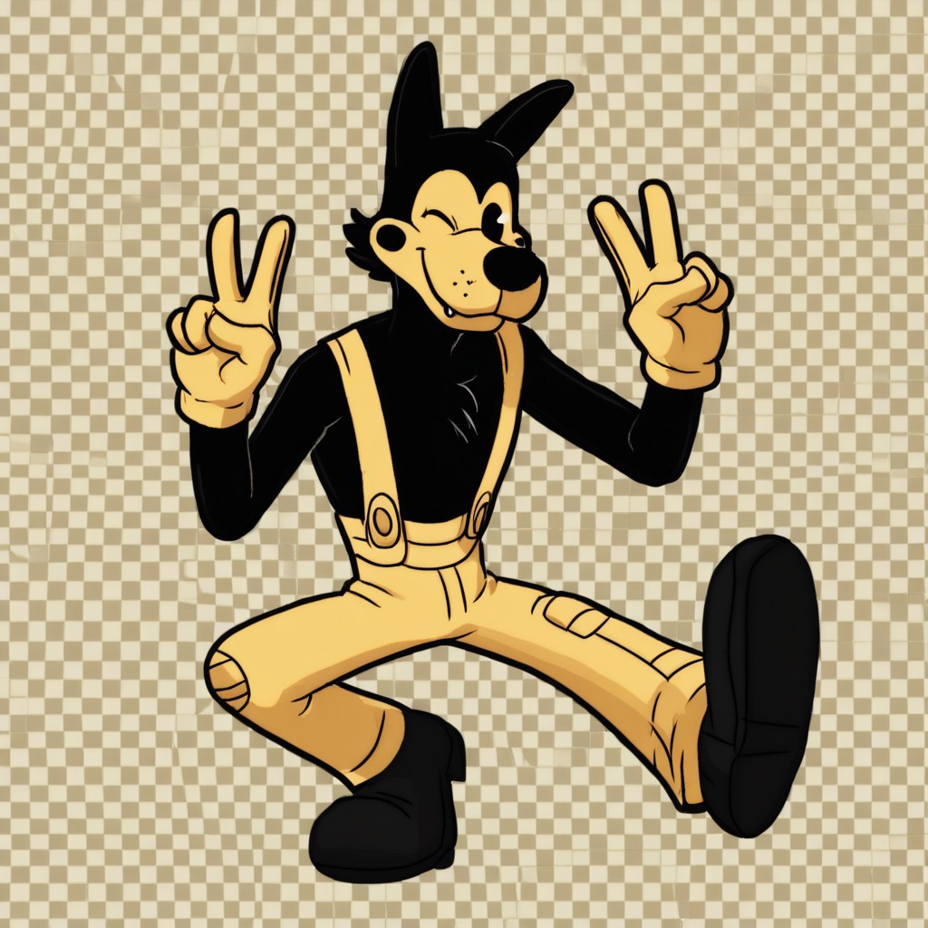 boris the wolf, yellow and Black colours, Peace sign with both hands, Winking, ng_deepnegative_v1_75t, negative_hand