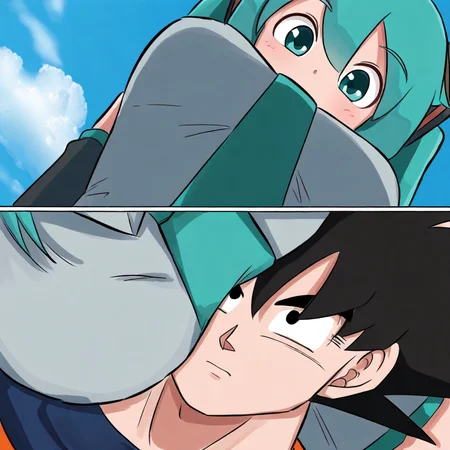 frierenpillow, 2koma, comic, 1girl, 1boy, hatsune miku, son goku, medium breasts, looking down, looking at another, sky, cloud, lap pillow, lying on lap, face to breasts, from below, from above,
