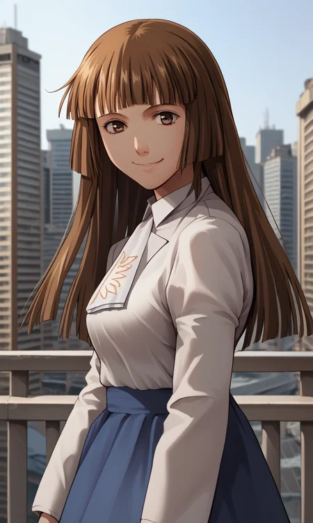 score_9, score_8_up, score_7_up, 1girl, solo, rosaUmineko, brown hair, long hair, brown eyes, smile, city, realBackground