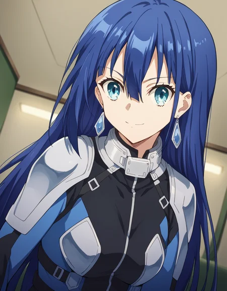 score_9, score_8_up, score_7_up, source_anime, <lora:ayano-yuugiri-s1-ponyxl-lora-nochekaiser:1>, ayano yuugiri, long hair, hair between eyes, blue eyes, blue hair, bangs,, jewelry, earrings, bodysuit, pilot suit,, indoors, smile, looking at viewer, solo,, cowboy shot, dutch angle
