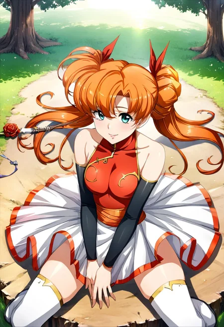 masterpiece,best quality,very aesthetic,absurdres,fantasy,solo,1girl,
<lora:tiaris_v1:1>,tiaris,t_clothes,wand,shiny hair,aqua eyes,red leotard,orange hair,detached sleeves,white mini skirt,white footwear,<lora:Fixhands_anime_bdsqlsz_V1:1>
,,looking_at_viewer,dynamic_angle,kind_smile,sitting_on_rock,lawn,flower,large tree,shadow,head_tilt,from_above,pov, (((feminine bodies))),(((perfect anatomy))), (((correct arms))), (((correct hands)))
,masterpiece,best quality, very aesthetic, absurdres, ultra detailed, high resolution, 4k, extremely detailed CG,