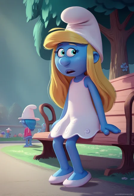 zPDXL, zPDXLxxx, BREAK <lora:Yellowgerbil_for_PonyXL:0.9>, yellowgerbil, <lora:Smurfette:0.8> sm_tte, 1girl, blue skin, blonde hair, white hat, summer dress, elegant clothes, looking left, standing, public park, sitting on a bench