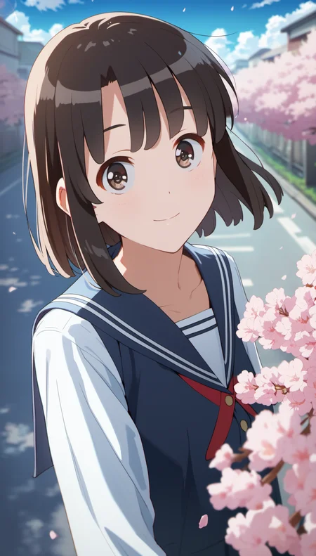 score_9,score_8_up,score_7_up,
<lora:megumikato:0.9>,
katomegumi,
1girl,solo,black hair,bangs,short hair,brown eyes,looking at viewer,smile,
blue school uniform,long sleeves,
portrait,from above, face focus,
blurry background,bloom,outdoors,blue sky,cloud,light particles,lens flare,cherry blossoms,street,