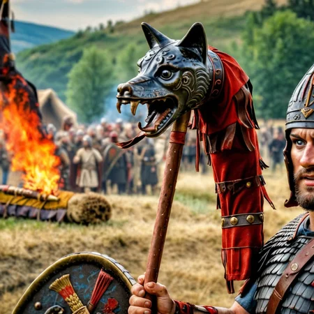 Movie scene, HDR, award winning, photo, Roman soldier  holding a dacian draco covered in blood, battlefield scene in the background, burning city in the background<lora:daciandraco:1> draco, dacian, pole