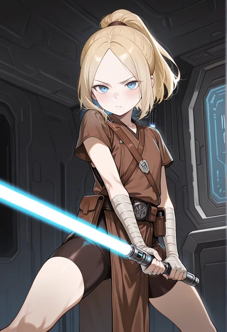 1girl, star wars, jedi, blonde hair, ponytail, parted bangs, blue eyes, holding blue lightsaber, indoors, science fiction, spacecraft interior, brown tunic, arm wrap, pelvic curtain, belt, pouch, serious, bike shorts, flat chest, brave_pose <lora:Brave_Pose:1> <lora:Abby_Illus:1>, masterpiece, best quality, amazing quality, very aesthetic, absurdres, highres, newest
