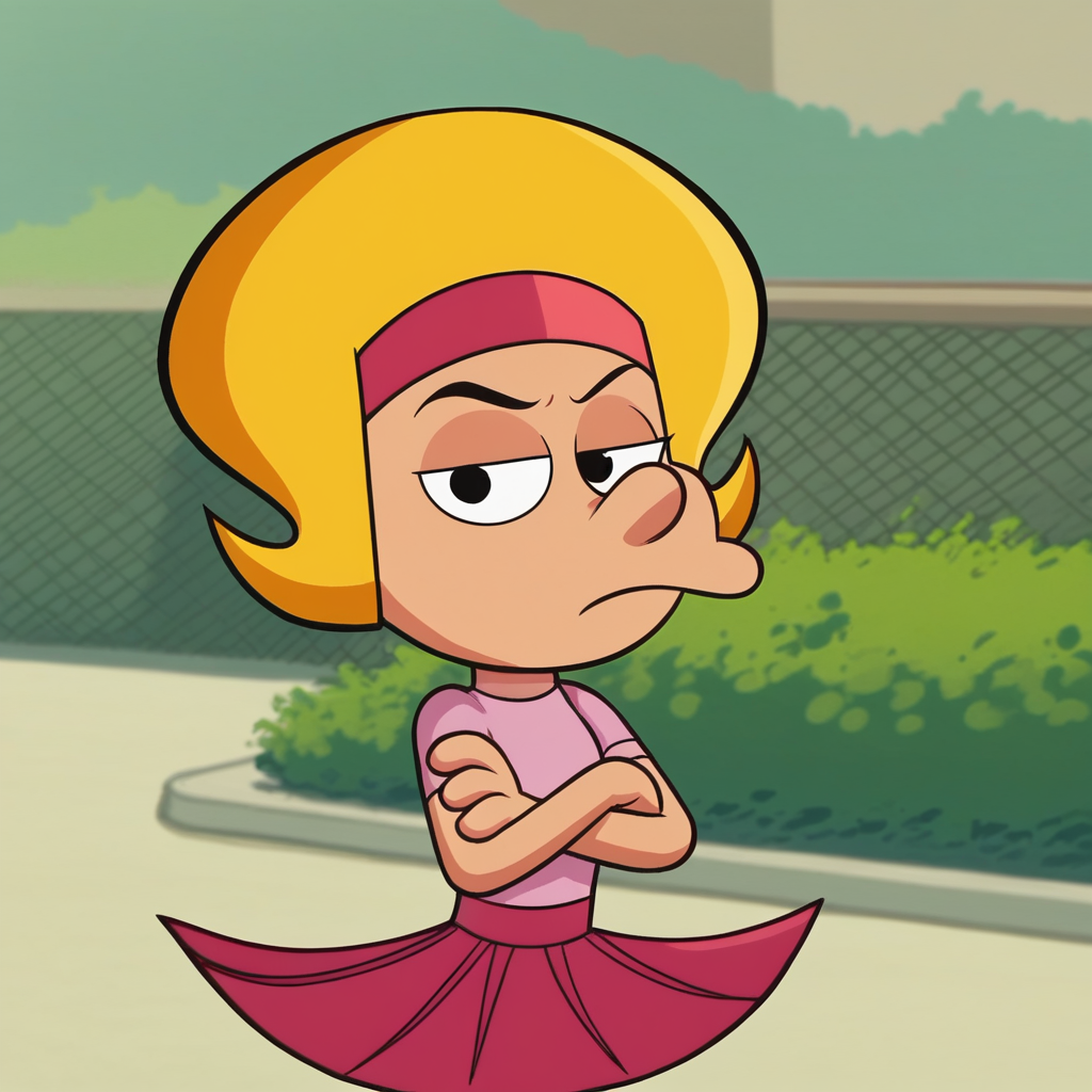 score_7_up, BREAK, Nina, 1girl, solo, blonde hair, hairband, black eyes, pink shirt, pink skirt, upper body,  <lora:Nina_SweetLittleMonsters_PXL_Leaf2:1>, outdoors, looking at viewer, crossed arms,
