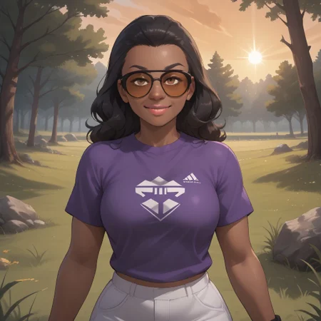 score_9, score_8, BREAK, solo, wii, mii, wii sports, female mii, 1girl, black hair, black eyebrows, black skin, brown eyes, sunglasses, lips, purple clothing, white pants, shoes, nintendo mii, modern_mii, classic_mii, breasts, Jackie_(Wii_Sports), sexy pose, smile, outdoors, sunlight, shadows, evening lighting, natural lighting, forest, trees, grass, orange sky, sunset