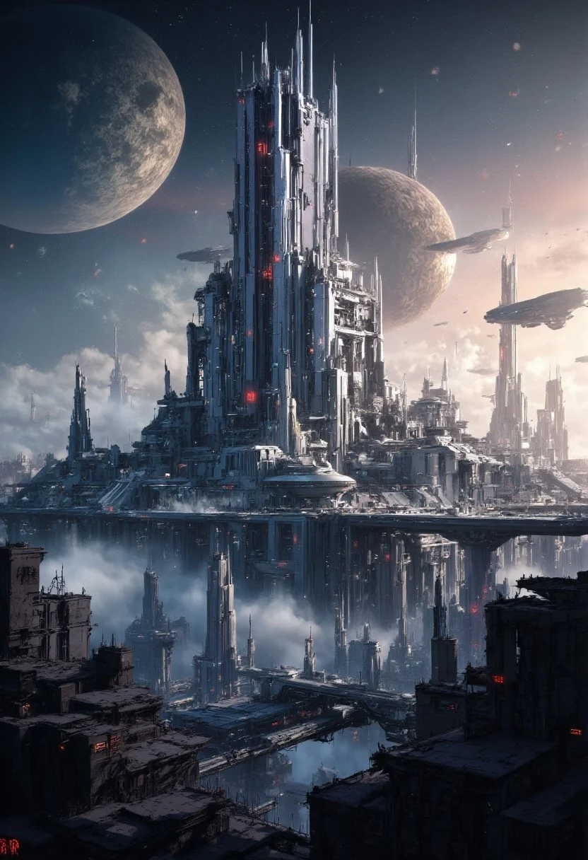 masterpiece, painterly, oil painting of a futuristic alien city, towers, skscrapers, domes, in white and chrome, surreal colours, mist, sunset, stormy sky, surreal clouds, mythp0rt