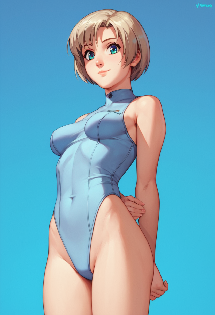 score_9, score_8_up, score_7_up, score_6_up, 1girl, solo, <lora:Nene_Romanova_-_Bubblegum_Crisis_Tokyo_2040:1>, Nene, Leotard, detailed eyes, perfect face, perfect eyes, sexy, sexy girl, beautiful eyes, petite body, medium breasts, standing, arms behind back, posing, light smile, simple background, from below, dynamic angle