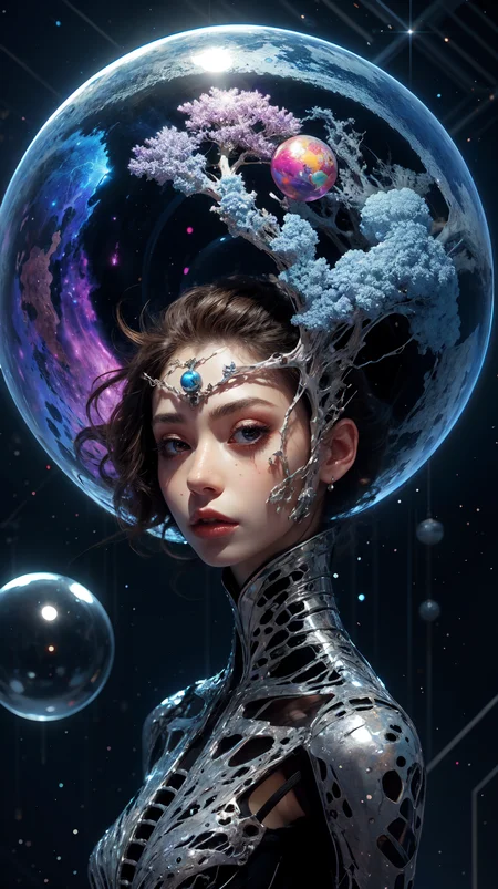 cosmic, dress, glass, <lora:Hellasthetic v2:0.9>, sphere, 1girl, silver, fractal_art,