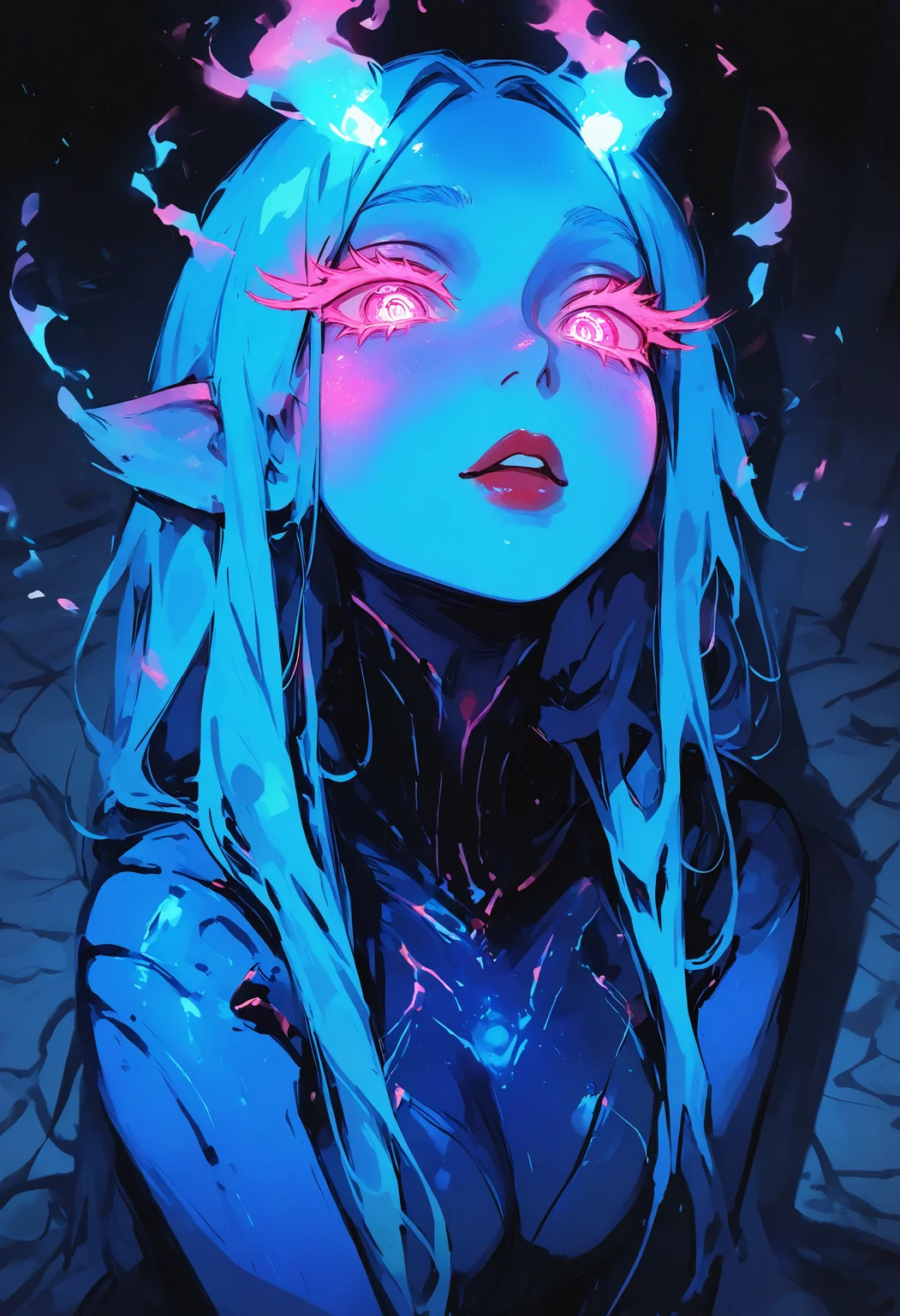 masterpiece, best quality, amazing quality, very aesthetic, absurdres, newest, 1girl,solo,
fiery pink Eyelashes, neon green,cobalt blue, amber, BREAK flowing shadows across the neon-lit fractals.,
The figureâs red lips stand out vividly, She tilts her head slightly upward, her expression enigmatic, as the interplay of shadows and neon light creates a mesmerizing depth. <lora:ponyv4_noob1_2_adamW-000017:0.7000000000000001> <lora:748cmSDXL:0.7>