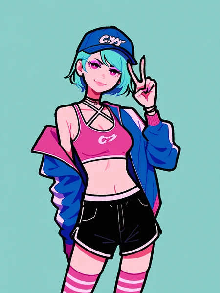 score_9, score_8_up, score_7_up, score_6_up, score_5_up, score_4_up,
BREAK
1girl, cyan hair, pink eyes, pink eyeshadow, long eyelashes, pink lips, short hair, swept bangs, glowing hair, smug, thick lips, cap,
BREAK
solo, standing, medium breasts, adult, skinny, pink crop top, pink sport shorts, black striped thighhighs, white stripes, blue down jacket, off-shoulder jacket, peace sign, arm behind back, arched back,
BREAK
light blue background, simple background, dynamic pose, dynamic angle, angled shot, <lora:Lunas-Yoshi-Mi-Yoshi-SDXL-A1:1>
