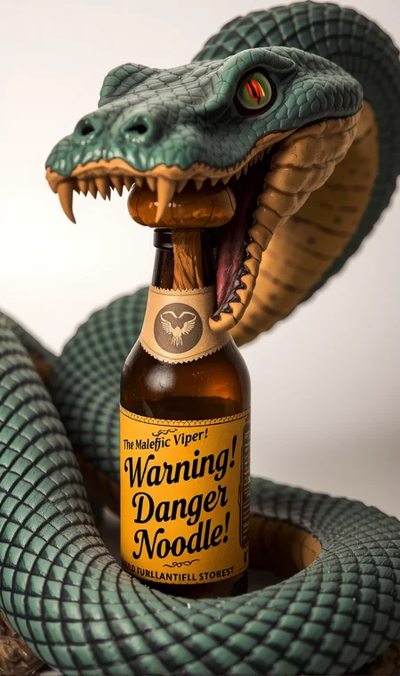 A large snake god, "The Malefic Viper", coiled around a brown beer bottle with a mushroom springing up instead of beer.
The malefic viper's mouth is wide open with fangs ready to bit down on the mushroom.
The beer bottle has a label in artistic cursive letters, "Warning! Danger Noodle!"
The statue is highly detailed with each scale being a vibrant dark green color and the orange pupils with black slits of the viper are glowing green and looks alive.
Simple background.
