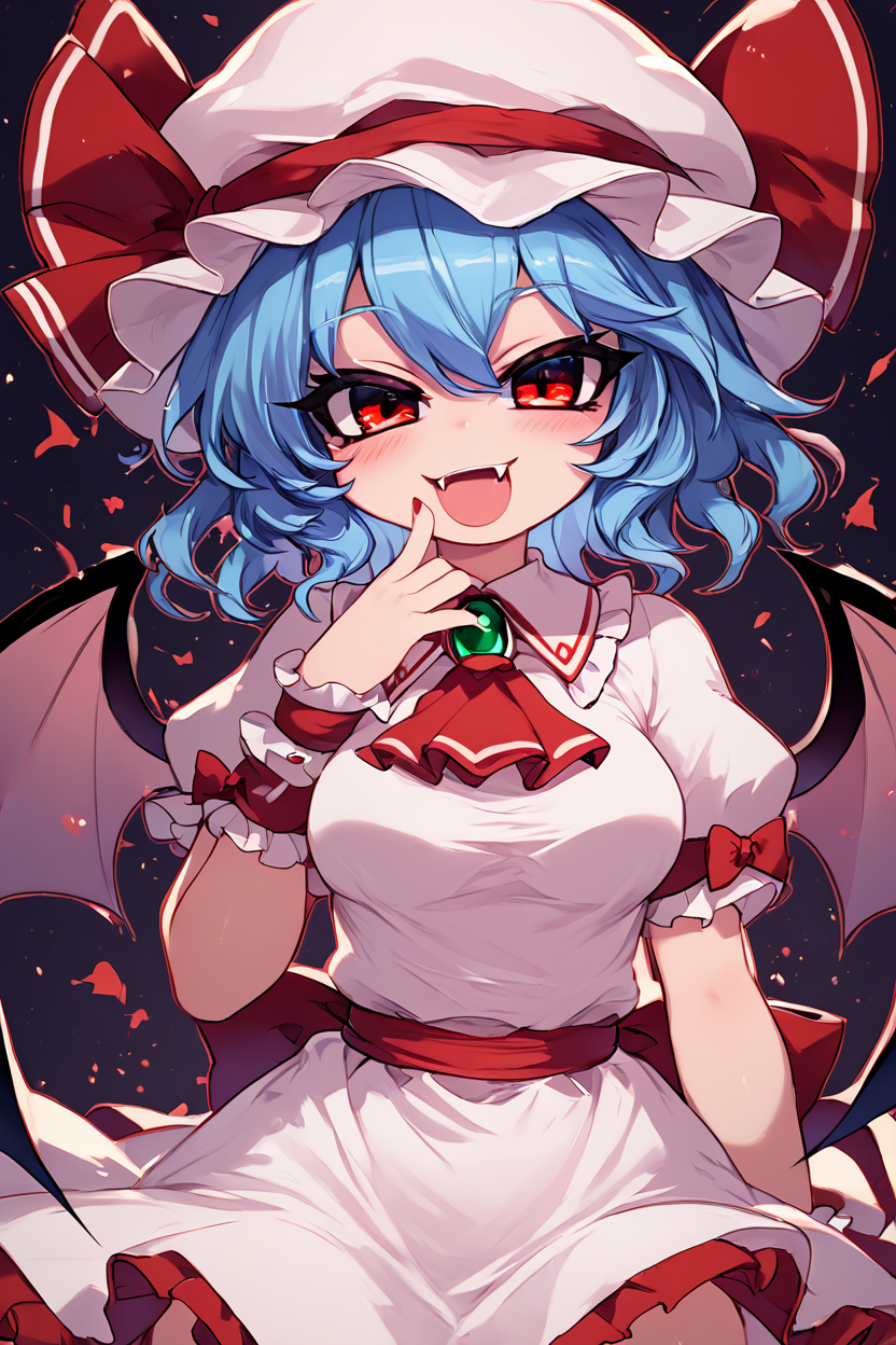 score_9, score_8_up, score_8, medium breasts, (curvy), cute, eyelashes,       BREAK, , zzRemilia, red eyes, blue hair, short hair, hat, ribbon, pink dress, wings, ascot, hat ribbon, bat wings, short sleeves, frills, puffy sleeves,    <lora:Remilia_Touhou_PDXL:0.8>, BREAK, smile, looking at viewer, cowboy shot, ,,, embedding:zPDXL, Expressiveh, ,,, <lora:Zankuro_Style_PDXL:0.8> <lora:SDXLFaeTastic2400:0.5>, <lora:Expressive_H-000001:0.4>,