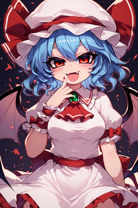 score_9, score_8_up, score_8, medium breasts, (curvy), cute, eyelashes, BREAK, , zzRemilia, red eyes, blue hair, short hair, hat, ribbon, pink dress, wings, ascot, hat ribbon, bat wings, short sleeves, frills, puffy sleeves, <lora:Remilia_Touhou_PDXL:0.8>, BREAK, smile, looking at viewer, cowboy shot, ,,, embedding:zPDXL, Expressiveh, ,,, <lora:Zankuro_Style_PDXL:0.8> <lora:SDXLFaeTastic2400:0.5>, <lora:Expressive_H-000001:0.4>,