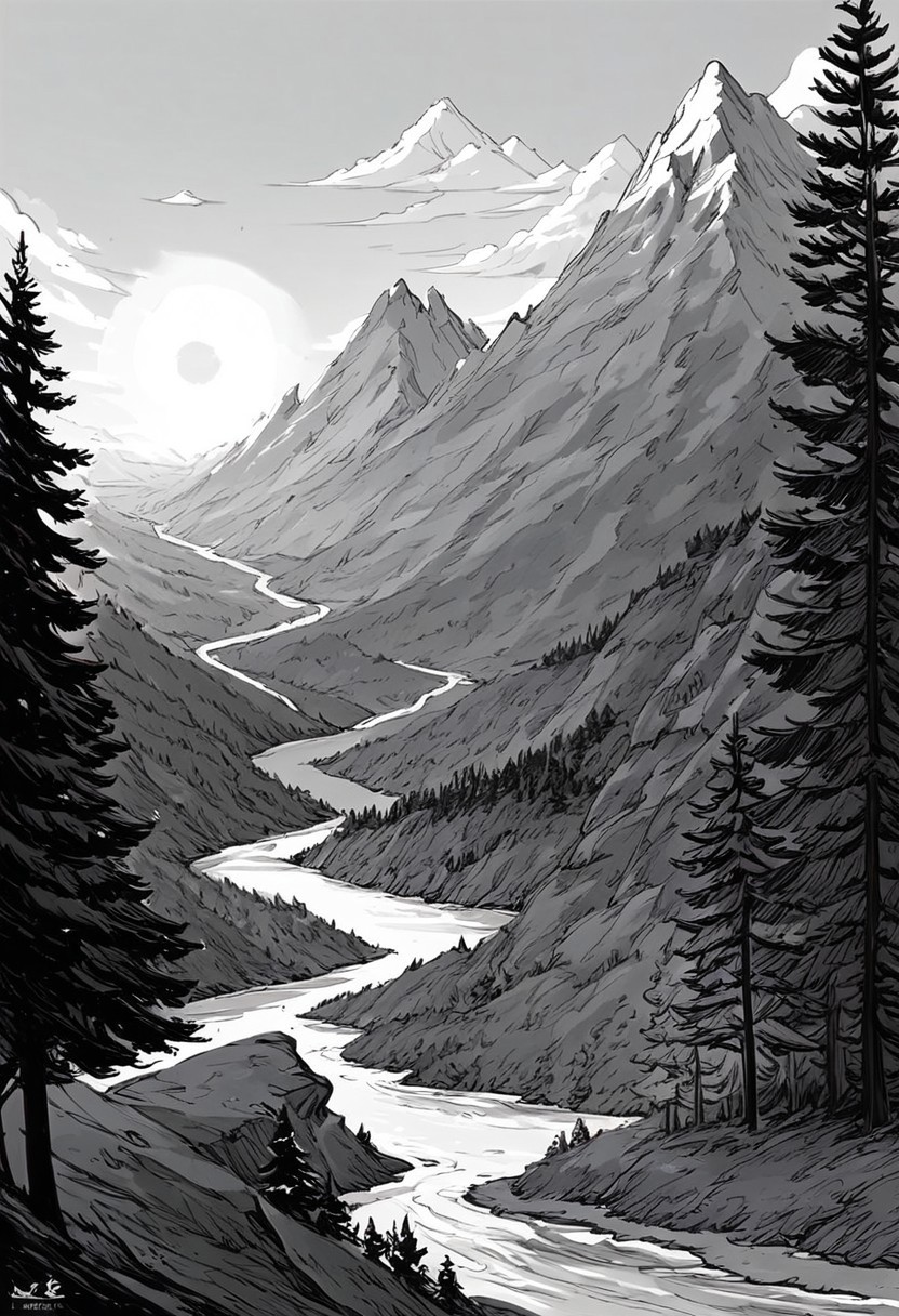 score_9, score_8_up, score_7_up, masterpiece, landscape, trees, sun, forest, mountains, river