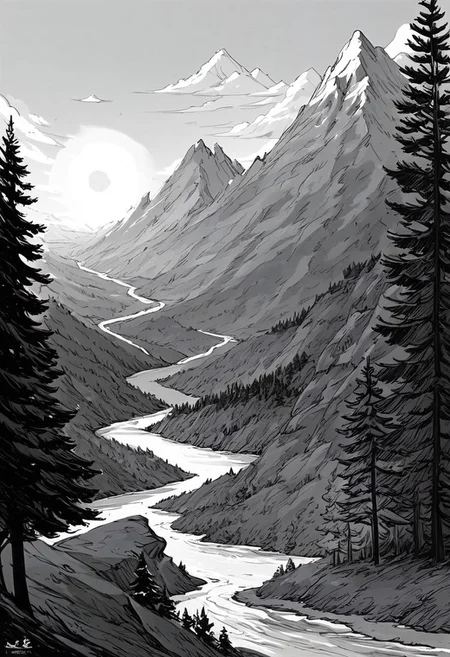 score_9, score_8_up, score_7_up, masterpiece, landscape, trees, sun, forest, mountains, river