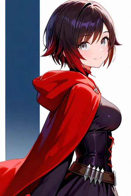 masterpiece, High quality, Ultra detailed, 2d, newest, absurdres, highres, BREAK
1girl, solo, <lora:ruby_rose:0.8>, ruby_rose_(ruby), short hair, black hair, multicolored hair, grey eyes,
medium breasts, rosedef, long sleeves, black dress, corset, belt, rose, skirt, frilled dress, hooded cloak, red cape,
smile, looking at viewer, upper body, from side,