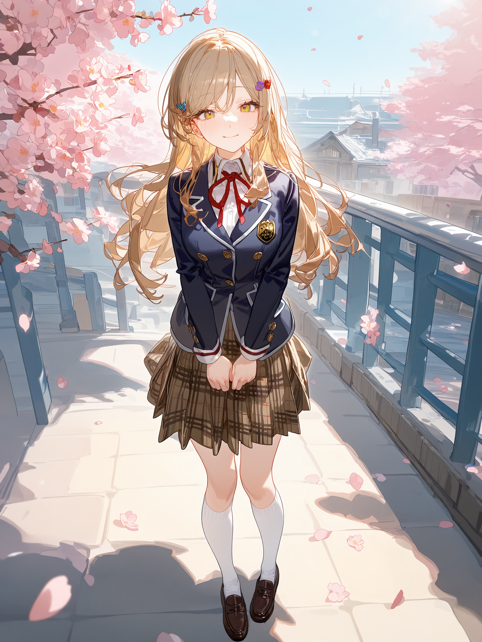 1girl, sena ajisai, hairclip, solo, school uniform, pleated skirt, plaid skirt, white collared shirt, blazer, neck ribbon, loafers, white kneehighs, crossed arms, looking at viewer, light smile, standing, full body, outdoors, street, cherry blossoms, petals, depth of field <lora:Char-Sena_Ajisai-V1-SDXL:0.9>, illustration, incredibly absurdres, ultra detailed, masterpiece, best quality, perfect features, intricate details, ray tracing, very aesthetic, (hitenkei, askzy:0.4), [<lora:XL-detailed_notrigger:0.95>::0.5], [:<lora:XL-aesthetic_anime:1.2>:0.5]
