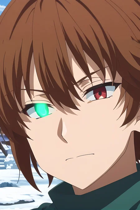 score_9, score_8_up, score_7_up, source_anime, rating_safe, intricate details, anime screencap, , , , depth of field, 1boy, solo, male focus, <lora:keyaru_kaifuku_jutsushi_pony:0.92>, keyaru_kaifuku_jutsushi, brown hair, red eyes, short hair, hair between eyes, bangs, aged down, heterochromia, green eyes, glowing eyes, close-up, snowy town, snow, ice, stalagmite, day, sunny, arms behind head, :o, , <lora:sdxl_lightning_8step_lora:1>