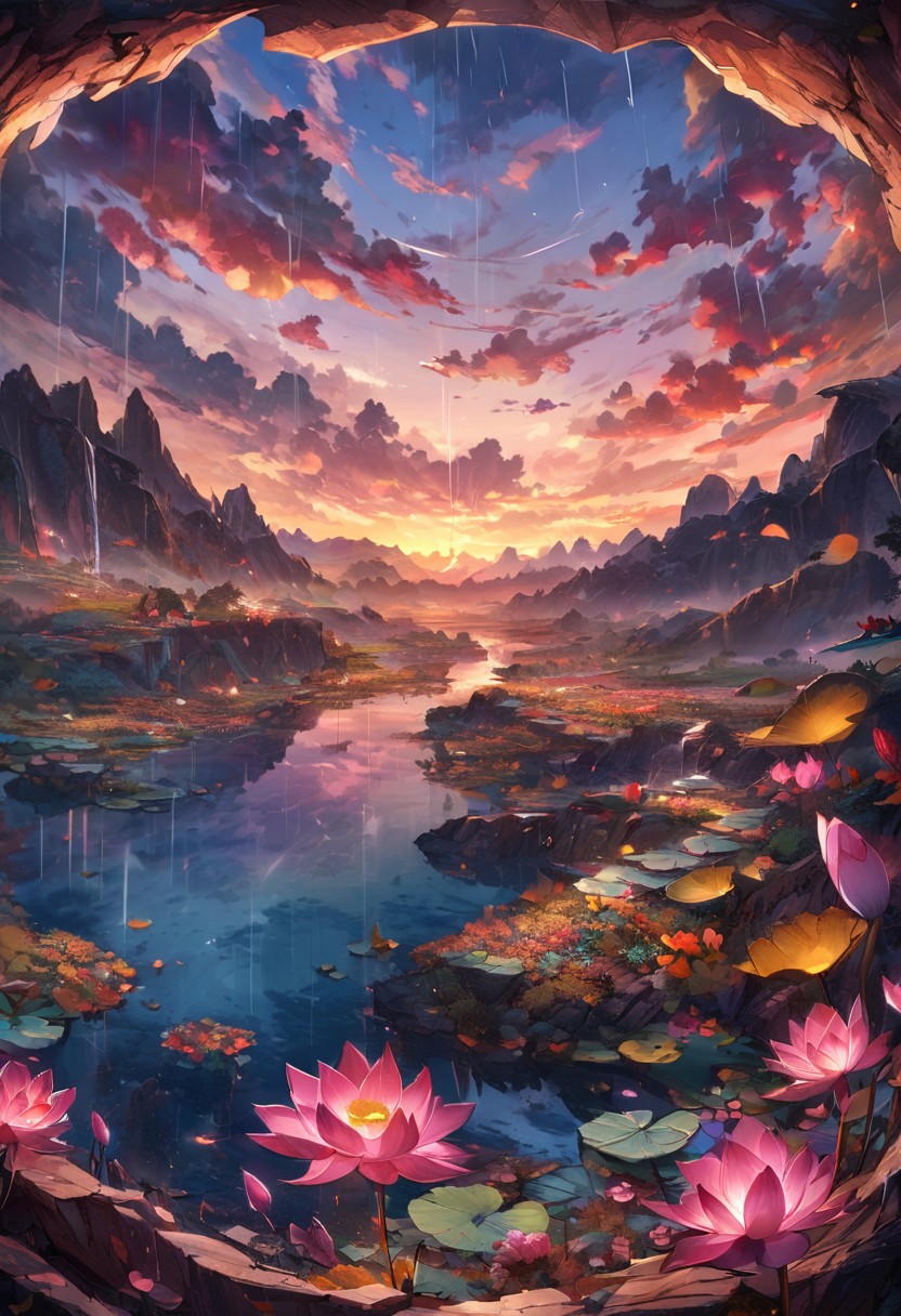 oil matte art, best quality, calm relaxing scenery, beautiful anime landscape, lotus lake, beautiful digital art, DarkFantasy, red glow, autumn, great reflections, wet, panoramic view, rain, wet, huge wall, on the mountain cliff, detailed rocky cliffs, detailed clouds, fisheye lense, flower field, crystal clear, dark clouds in the background, bokeh, OverallDetail, depth of field, detailed art, expressionism,
extremely detailed, UHD,