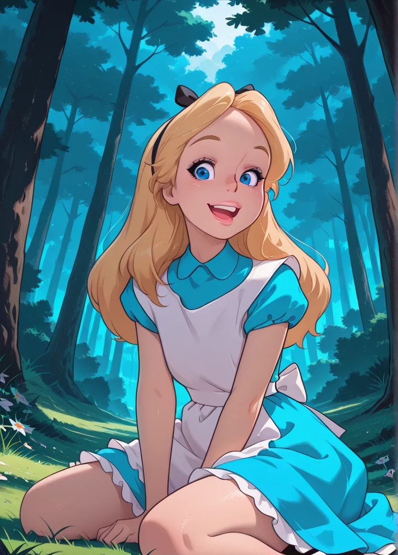 melkor_style,
masterpiece, best quality, amazing quality, very aesthetic, absurdres, newest, 4k, 8k, dynamic angle, official style, outdoors, forest, flowers, grass, sitting, looking at viewer,
alicexd, 1girl, solo, blonde hair, long hair, hairbow, blue dress, white apron, bow, white thighs, lips, blue eyes,
excited,
<lora:Alice_-_Disney_Illustrious:1>
<lora:Melkor_V4_Illustrious:1>