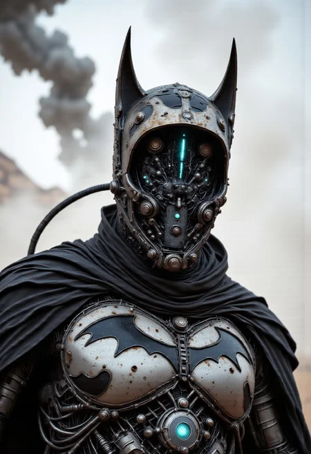 A cpstyle DARK moody hyperdetailed Fantasy closeup portrait dmpfm07 of a steam-driven steampunk Batman, his imposing cowl forged from interlocking brass plates, reinforced rivets, and a labyrinth of pressurized piping. The bat-eared helmet, a fusion of Victorian ingenuity and industrial brutality, features a translucent glass visor, fogged from within, revealing a network of oscillating mechanical gauges, pressure valves, and articulated servo mechanisms calibrating in real time. Hydraulic pistons twitch subtly beneath the armored frame, while a compact but hyper-complex combustion unit embedded at the base chugs erratically, releasing bursts of dense, inky-black vapor. His segmented pauldrons and armored chestplate are adorned with finely wrought filigree and rust-laced patina, exuding an aura of gothic grandeur. Monochromatic with neon blue luminescent highlights piercing through the industrial haze, the bat emblem on his chest flickers with arcane energy. The sunlit desert backdrop is choked with synthetic white dust clouds, billowing with a glitching, voxel-based texture. Expanding pixel distortions weave through the 3D game-art composition, rendering the environment into a fragmented, dystopian machine-scape. dfmstyle.
