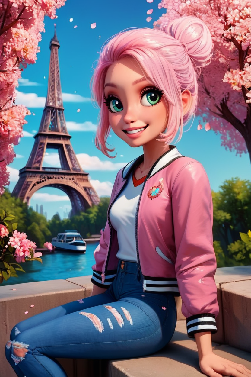 score_9, score_8_up, score_8, medium breasts, (curvy), cute, eyelashes,       BREAK, , zzBrooklynn, pink hair, single hair bun, pink jacket, denim pants,  <lora:Brooklynn_Jurassic_Park_PDXL_v2:0.7>, , BREAK,  zzEiffelTower in background, sitting, watercraft, boat, sitting on wall, side view, looking at viewer, smile,  BREAK, blooming stars, luminescent petals, otherworldly fragrance blurry background, embedding:zPDXL, Expressiveh, <lora:EiffelTowerPDXL:1.0>,  <lora:CatalystStylePDXL:0.6>,  <lora:SDXLFaeTastic2400:0.5>,  <lora:Expressive_H-000001:0.4>,