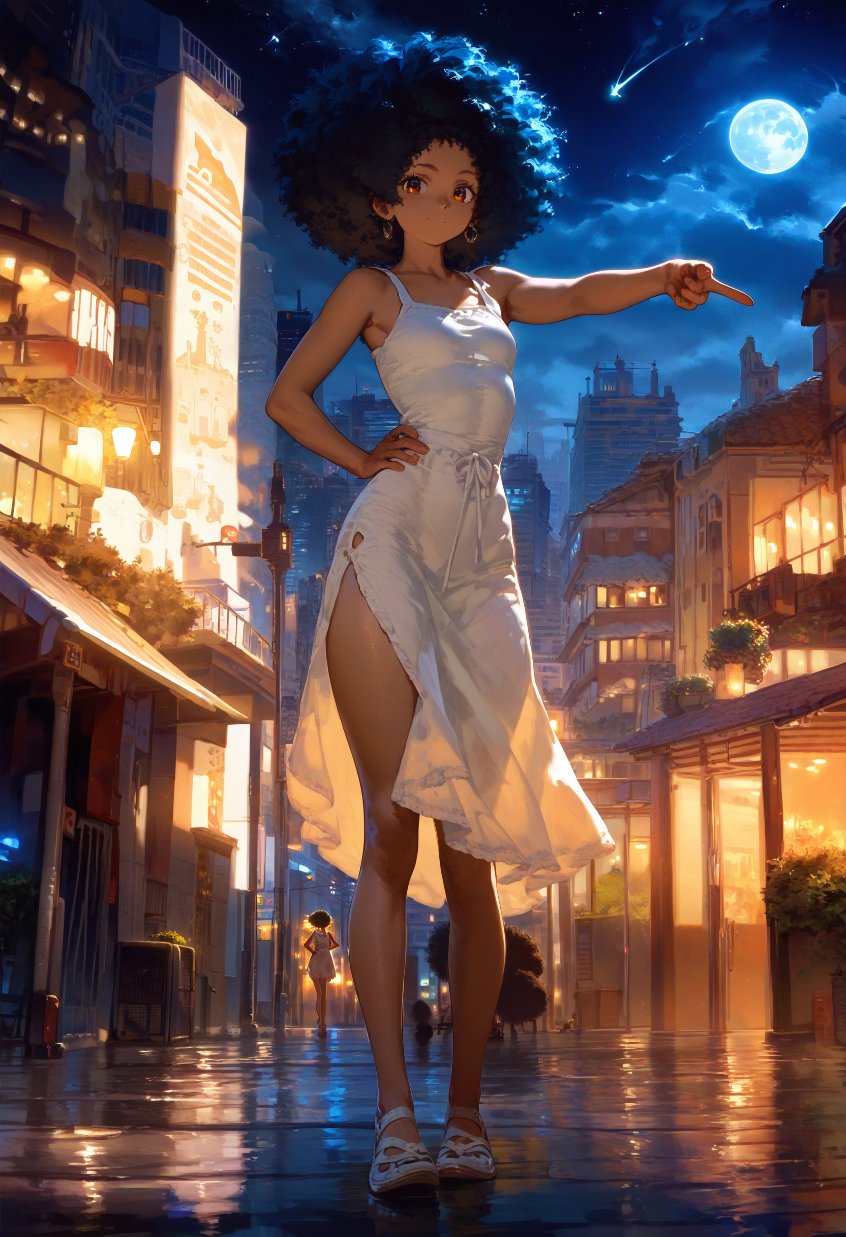 score_9,score_8_up,score_7_up,score_6_up,source_anime,<lora:Kyomu_Ai_StyleXL:1>,<lora:Worldly_XL:1>,solo,1girl,city,night,full body,sundress,dark-skinned female,afro,brown eyes,pose,happy,looking at viewer,small breasts,wide hips,pointing at viewer,hand on own hip,