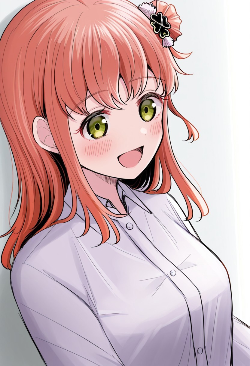 masterpiece, best quality, 32k, high resolution, absurdres,  yotsuha, 1girl, shirt, solo, blush, open mouth, clover hair ornament, long sleeves, upper body, school uniform, smile