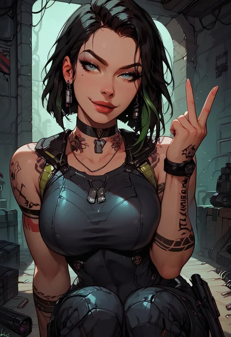 Score_9, Score8_up, Score_7_up, (((High Resolution, Best Quality))), 
1girl, solo, toned arms, sleeveless, Covered in Tattoos, neck tattoos, hair tied up, black hair, green highlights in hair,
futuristic, futuristic armor, neon green lights on bodysuit, armored suit, body armor, armor, plated armor, revealing bodysuit, tight bodysuit, tactical, military gear, toxic canisters, toxic chemicals, poision vials, 
large breasts, choker, dog tags, ear piece, 
seducing, seductive, flirty, tender, loving, playful, looking at viewer, smug, finger gun, finger gun gesture, 
Sitting on ground, leaning against wall, relaxed, leaning back, arm resting on knees, arm on knee,
inside, Military, military base, military barracks, cots, crates, military boxes, guns, bullets, supplies, armory,