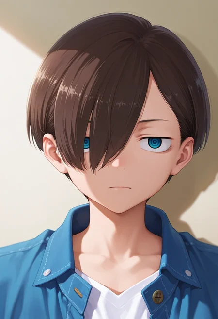 masterpiece, best quality, intricate details, semi-realistic, , 1boy, solo, male focus, <lora:kyoutarou_ichikawa_ilxl:1>, kyoutarou_ichikawa, brown hair, blue eyes, short hair, hair over one eye, bangs, ,