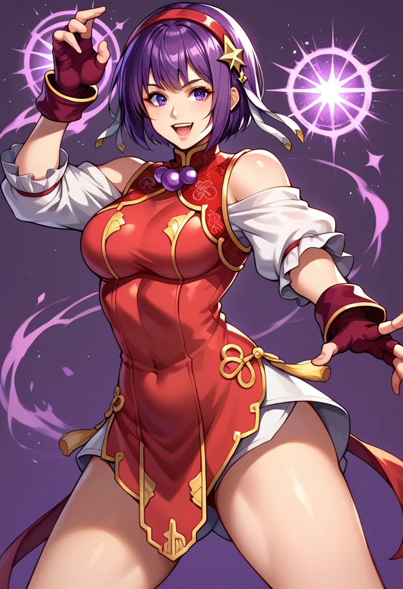 score_9, score_8_up, score_7_up, source_anime, BREAK, <lora:AthenaKOFXV:1>, AthnaKOFXV, purple hair, purple eyes, short hair, red hairband, pearl (gemstone), off-shoulder, white sleeves, fingerless gloves, short china dress, breasts, thighs, smile, open mouth, purple background, purple magic, open hands, 1 girl, solo, dynamic pose