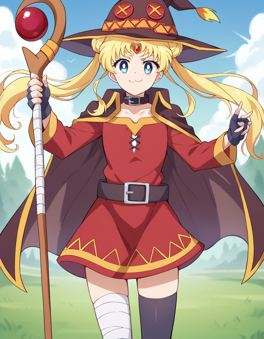 score_9, score_8_up, score_7_up, source_anime, <lora:usagi-tsukino-eternal-movie1-ponyxl-lora-nochekaiser:1>, usagi tsukino, blonde hair, blue eyes, double bun, hair bun, hair ornament, long hair, twintails, circlet, parted bangs,, <lora:megumin-cosplay-ponyxl-lora-nochekaiser:1>, megumin cosplay, megumin (cosplay), thighhighs, gloves, hat, dress, black gloves, belt, black thighhighs, fingerless gloves, cape, collar, witch hat, bandages, red dress, single thighhigh, asymmetrical legwear, bandaged leg,, staff, holding staff, smug, outdoors, looking at viewer, cowboy shot,
