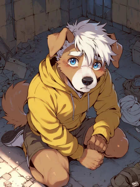 score_9, score_8_up, score_7_up, high quality, hires, male, solo, anthro, domestic dog, afraid, brown fur, short white hair, white eyebrows, white muzzle, floppy ears, blue eyes, yellow hoodie, on ground, from side, above, leaning backwards, looking at viewer, brown shorts, abandoned building, inside, hdr