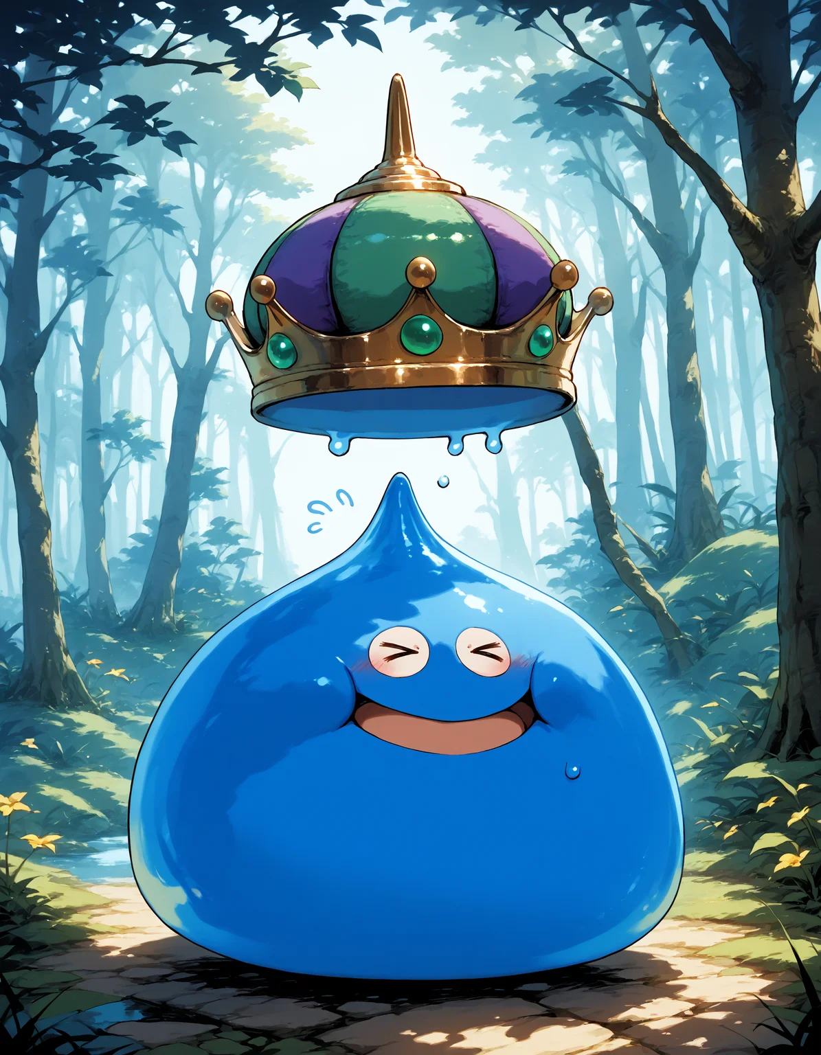 zPDXL3,masterpiece,extreme detailed,<lora:Pony_DetailV2.0:1>,full_body,forest,
BREAK 1other,no humans,king slime,slime (dragon quest),crown,:D,open mouth,<lora:king slime-v4-pony:0.9>,blue skin,blush,embarrassed,flying sweatdrops,closed eyes,> <.,,,