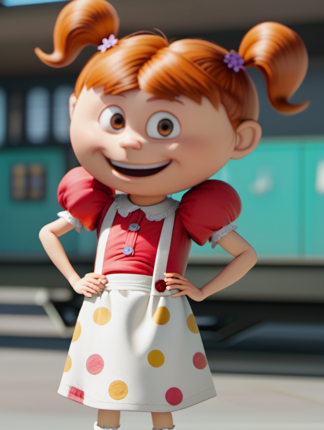 1girl, solo, tinamin2, child, twintails, female child, brown eyes, puffy sleeves, short sleeves, looking at viewer, hand on hip, open smile, standing, skirt, short twintails, hair ornament, red shirt, white socks, polka dot, black shoes, gas station, blurry background, <lora:tinamin2-000009:1>, golden ratio,