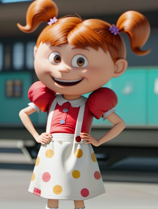 1girl, solo, tinamin2, child, twintails, female child, brown eyes, puffy sleeves, short sleeves, looking at viewer, hand on hip, open smile, standing, skirt, short twintails, hair ornament, red shirt, white socks, polka dot, black shoes, gas station, blurry background, <lora:tinamin2-000009:1>, golden ratio,