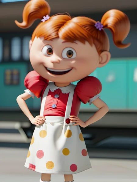 1girl, solo, tinamin2, child, twintails, female child, brown eyes, puffy sleeves, short sleeves, looking at viewer, hand on hip, open smile, standing, skirt, short twintails, hair ornament, red shirt, white socks, polka dot, black shoes, gas station, blurry background, <lora:tinamin2-000009:1>, golden ratio,